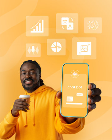Showing off a smartphone with AI chat interface while enjoying coffee in a cozy indoor spaceの写真素材