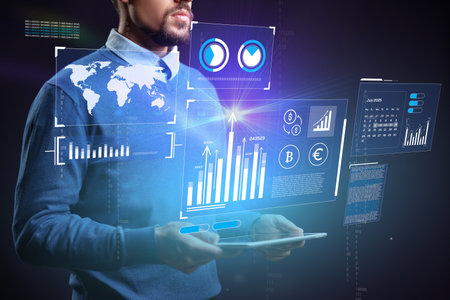 Professional analyzing data on a digital tablet with futuristic interface elements and global...