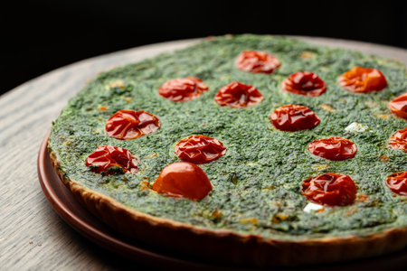 Freshly baked savory tart featuring vibrant spinach and sun-dried tomatoes on a wooden table at a cozy kitchenの写真素材