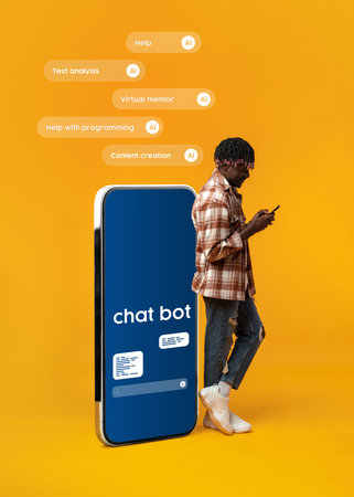 Young man interacting with a chatbot on a smartphone in a vibrant orange setting while standing...