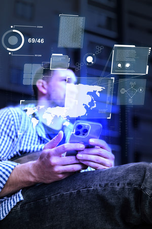 Young adult using smartphone with augmented reality interface in urban setting during evening hours