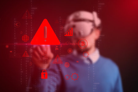 Virtual reality experience focused on cybersecurity risks in a tech lab environmentの写真素材