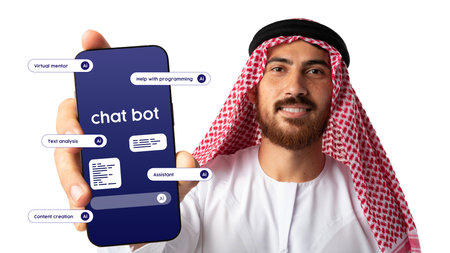 Man in traditional attire displays smartphone showcasing chatbot features for programming assistance...