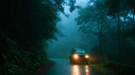 Car drives through foggy forest road at dusk on a rainy eveningの素材
