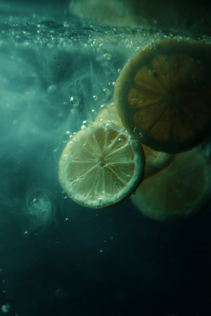 Slices of lemon submerged in sparkling water with bubbles floating in a dark aquatic settingの素材