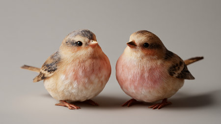 Realistic painted birds perched closely together showcasing intricate details and vibrant colorsの素材