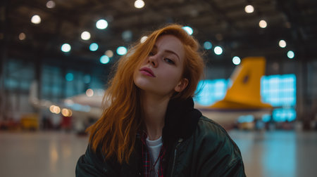 Model posing confidently inside an aircraft hangar with bright lights and airplanes in the backgroundの素材