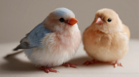 Two cute small birds sitting close together on a neutral background, showcasing their vibrant feathers and curious expressionsの素材
