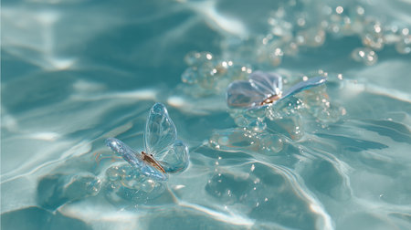 Beautiful transparent butterflies floating on a serene turquoise water surface in sunlightの素材