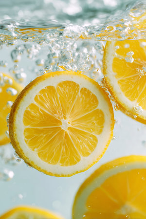 Slices of fresh lemons splashing into clear water create a vibrant, refreshing moment in a summer kitchenの素材