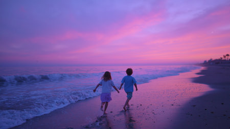 Children hold hands while running along the beach at sunset with vibrant colors in the sky and gentle waves in the foregroundの素材