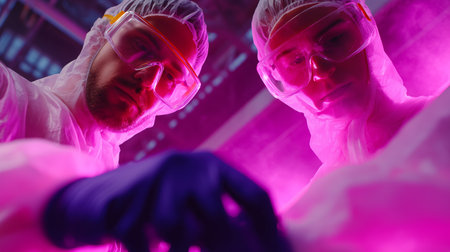 Scientists conducting experiments in a high-tech laboratory illuminated by purple lightingの素材