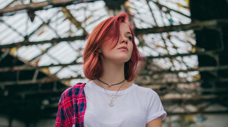 Young woman with red hair stands confidently in an abandoned industrial space with a broken roof during daylightの素材