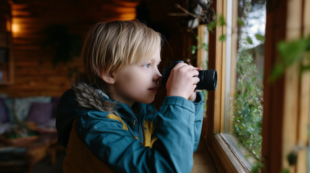 Child explores nature through a camera lens while gazing out a window in a cozy cabin settingの素材