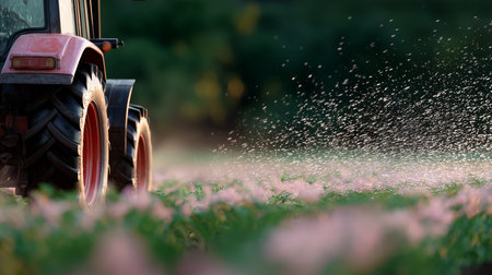 Tractor applying fertilizer to blooming crops during golden hour at a rural farmの素材