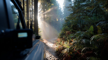 Sunlight streams through the trees along a forest road as a vehicle waits nearby on a misty morningの素材