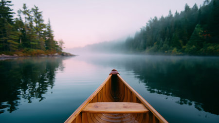 Misty morning canoe ride on serene lake with reflections and lush forests nearbyの素材