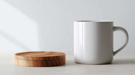 White ceramic mug beside a wooden coaster on a minimalist tabletopの素材