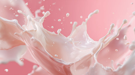 Splashing liquid creates dynamic wave patterns against a soft pink background in an artistic representation of movementの素材