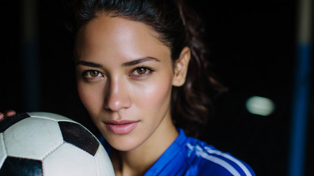 Young athlete poses confidently with soccer ball in sporting venue during practice session in the eveningの素材