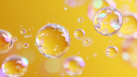 Colorful bubbles floating against a vibrant yellow background creating a cheerful atmosphereの素材