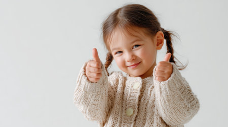 Smiling child shows thumbs up indoors wearing cozy sweater in natural lightの素材