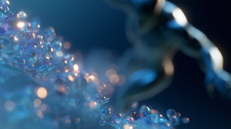 Close-up view of water droplets with a blurred human figure in the background illuminated by soft light during nighttimeの素材