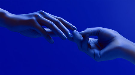 Artful hands connecting in a blue setting creating a sense of intimacy and connectionの素材