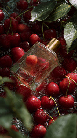 Fresh cherries surround a delicate perfume bottle resting in a pool of water during a summer afternoonの素材