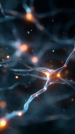 Intricate neural connections illuminated by glowing nodes in an abstract representation of brain activityの素材