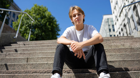 Young person sitting on concrete steps in an urban location, enjoying a sunny day with clear blue skies overheadの素材