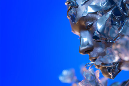 Sculpture of a human face made from reflective shards against a blue background illuminated with soft lightの素材