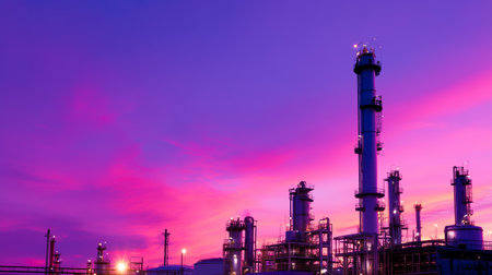 Colorful sunset illuminates industrial skyline with towering smokestacks and vibrant clouds in the backgroundの素材