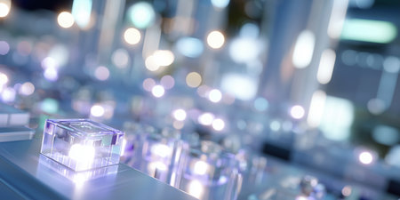 Illuminated transparent keys on a modern keyboard create a captivating visual display at a tech eventの素材