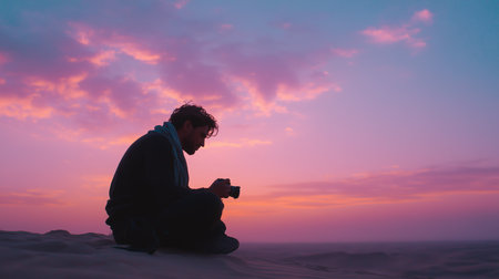 Photographer capturing the twilight landscape during a stunning sunset in the desertの素材