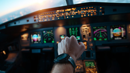 Pilot operates aircraft controls in the cockpit during a sunset flight over a scenic landscapeの素材