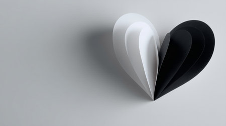 Three-dimensional heart shapes in black and white showcasing artistic design and contrast against a minimalist backgroundの素材