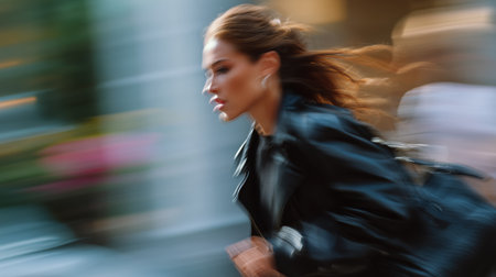 Woman running through a city street with a focused expression during the evening rush hourの素材