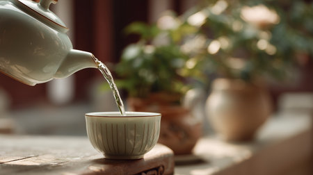 Tea is being poured into a delicate cup in a tranquil garden setting during a sunny afternoonの素材