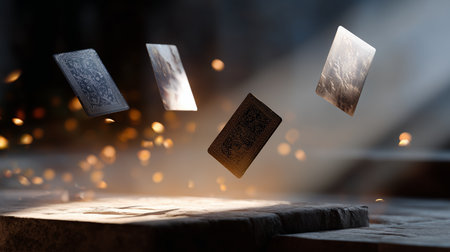 Playing cards levitating in a dimly lit room with magical sparkles in the air creating an enchanting atmosphereの素材