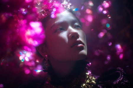 Glamorous portrait of a woman surrounded by vibrant flowers at a nighttime celebration in an enchanting settingの素材