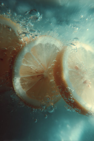 Slices of lemon submerged in sparkling water create refreshing bubbles in a vibrant underwater displayの素材