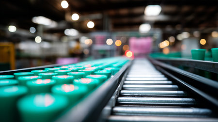 Bottles moving on conveyor belt in manufacturing facility during daytime operationsの素材