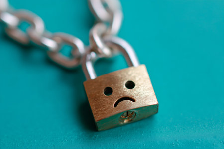 Sad lock attached to a silver chain on a turquoise background displaying emotions of disappointmentの素材