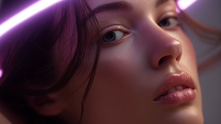 Close up of a person with glowing neon lights highlighting features in a studio settingの素材