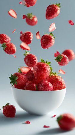 Fresh strawberries splash into a bowl against a light gray background creating a vibrant and appetizing display of fruitの素材