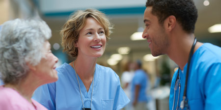 Medical professionals engage warmly with elderly patient in hospital setting during daytimeの素材
