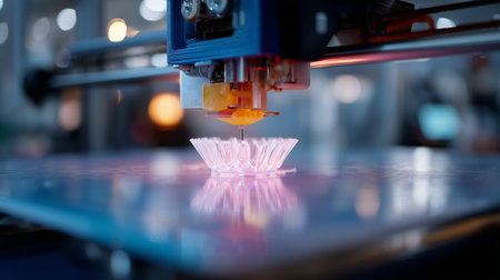 3D printer creating a delicate, intricate design in a bright workshop setting with focused lightingの素材