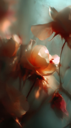 Softly illuminated flowers create a dreamy atmosphere in a serene garden setting during the golden hourの素材