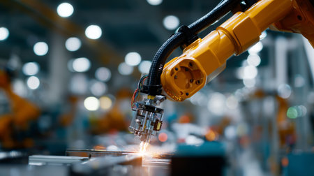 Robotic arm performs precision welding in a modern factory setting with bright sparksの素材